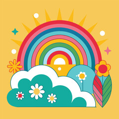 rainbow and clouds over rainbow background vector illustration