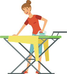 Fototapeta premium Woman ironing clothes. Household routine cartoon character