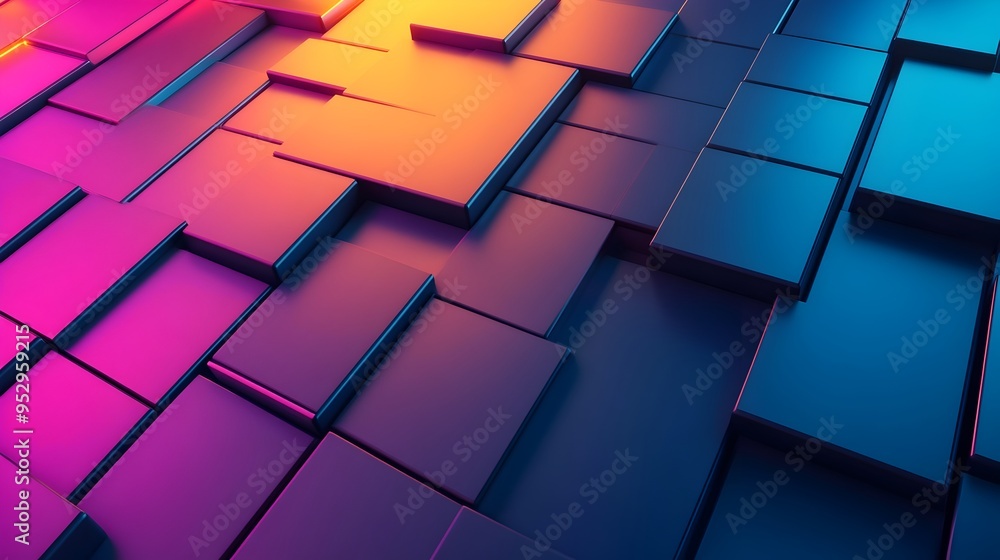 Poster striking geometric patterns and metallic facade on a futuristic building with dynamic neon lighting