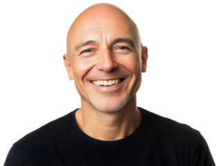 Confident happy bald man smiling at camera isolated, handsome 50s male with shaved head, cheerful portrait showcasing mature attractiveness and positive attitude despite hair loss or hairless