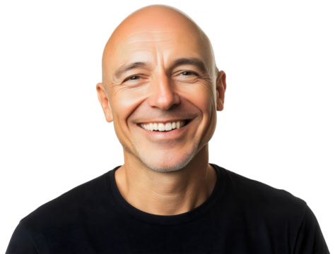 Confident happy bald man smiling at camera isolated, handsome 50s male with shaved head, cheerful portrait showcasing mature attractiveness and positive attitude despite hair loss or hairless