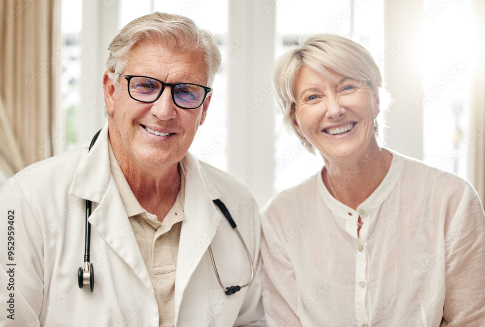 Canvas Prints Happy, portrait and doctor with senior patient for healthcare consultation, communication or checkup. Wellness, professional and male medical worker with elderly woman for discussion in clinic.