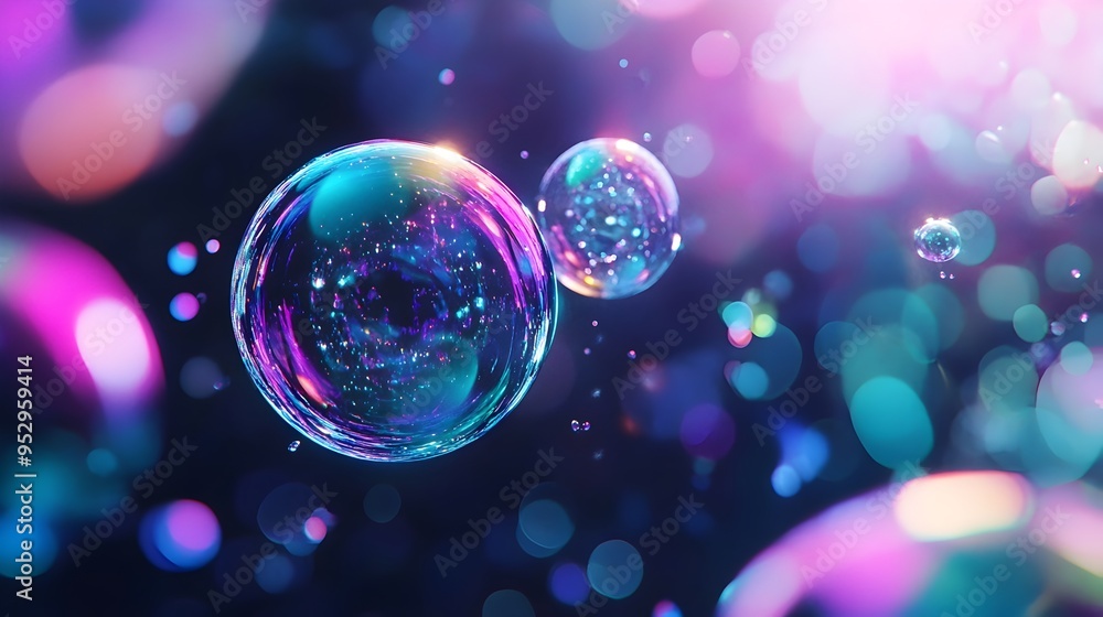 Poster mesmerizing glowing rainbow bubbles floating in starry celestial space with dreamlike ethereal atmos