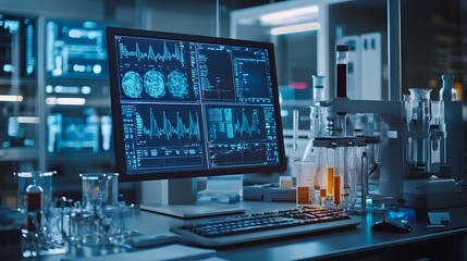digital laboratory environment with multiple screens displaying complex diagnostic data, symbolizing advanced medical technology