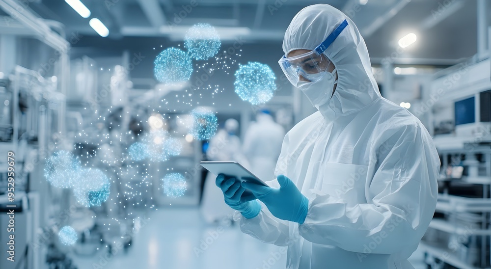 Poster engineer analyzing digital data in clean white technology workspace