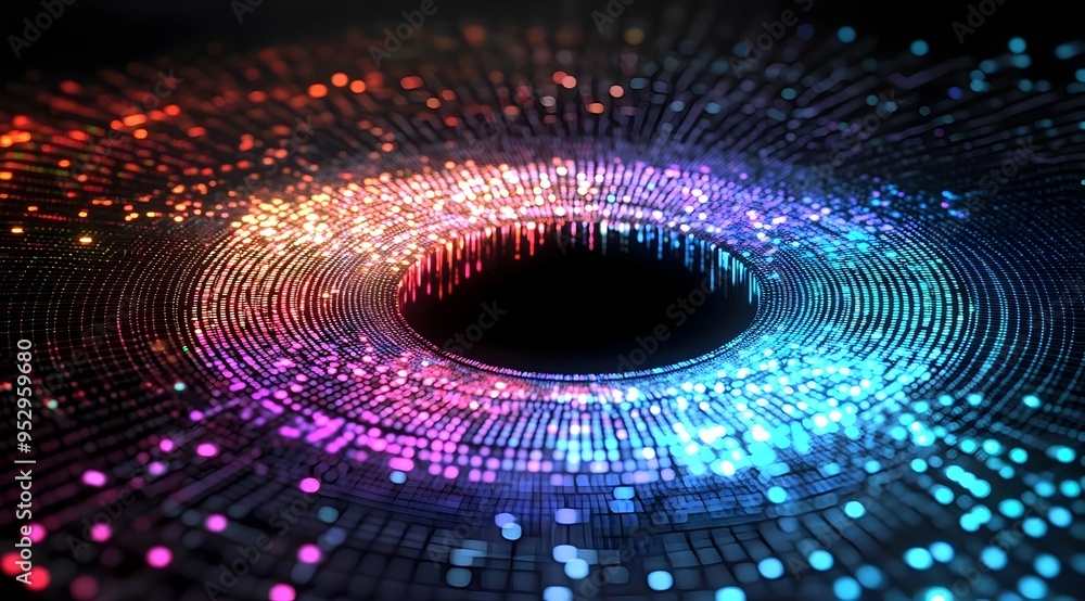 Poster dazzling circular light pattern with glowing dots in futuristic sci fi style