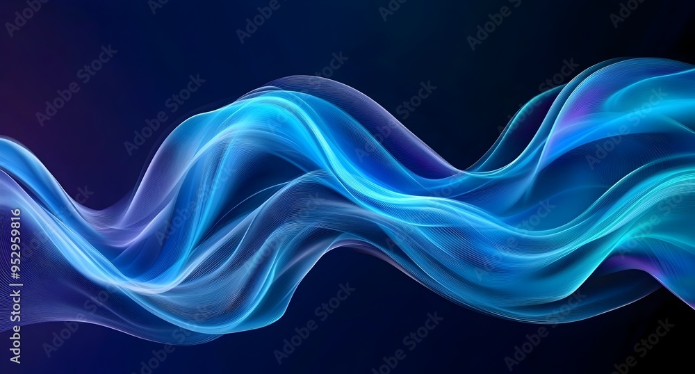 Poster blue wavy abstract background with flowing curves and trendy graphic patterns