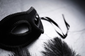 Beautiful carnival mask and feathers on grey table, closeup