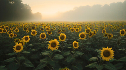 Obraz premium Morning fog blankets a beautiful sunflower field in summer, landscape of yellow blossoms in the meadow, travel and nature