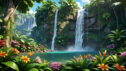 A majestic waterfall in a lush rainforest, surrounded by vibrant vegetation and colorful flowers, cartoon style 
