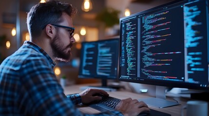 Focused Developer Coding in Sleek Modern Workspace with Dark Theme Tools