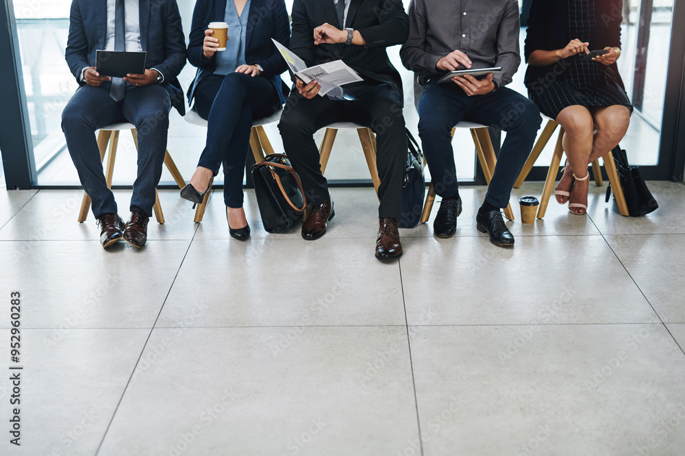 Wall mural Business people, legs and row with waiting room for career, job opportunity or recruiting process at office. Group of employees or interns in line with team for interview or hiring at workplace