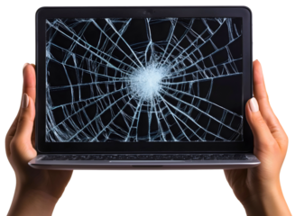 A broken laptop display screen with a crack in the glass is isolated for repair, damageg from a crash, showcasing the need for modern technology maintenance in business