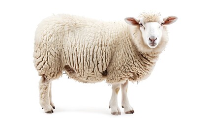 A fluffy sheep standing on a white background, showcasing its woolly texture.