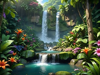 A majestic waterfall in a lush rainforest, surrounded by vibrant vegetation and colorful flowers, cartoon style 