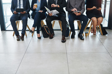 Business people, legs and row with waiting room for career, job opportunity or recruiting process...