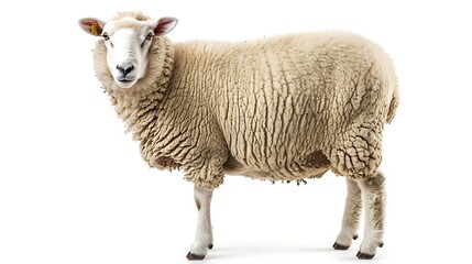 Fototapeta premium A sheep standing on a white background, showcasing its woolly texture and features.