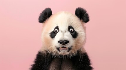 A surprised panda with a playful expression against a pink background.