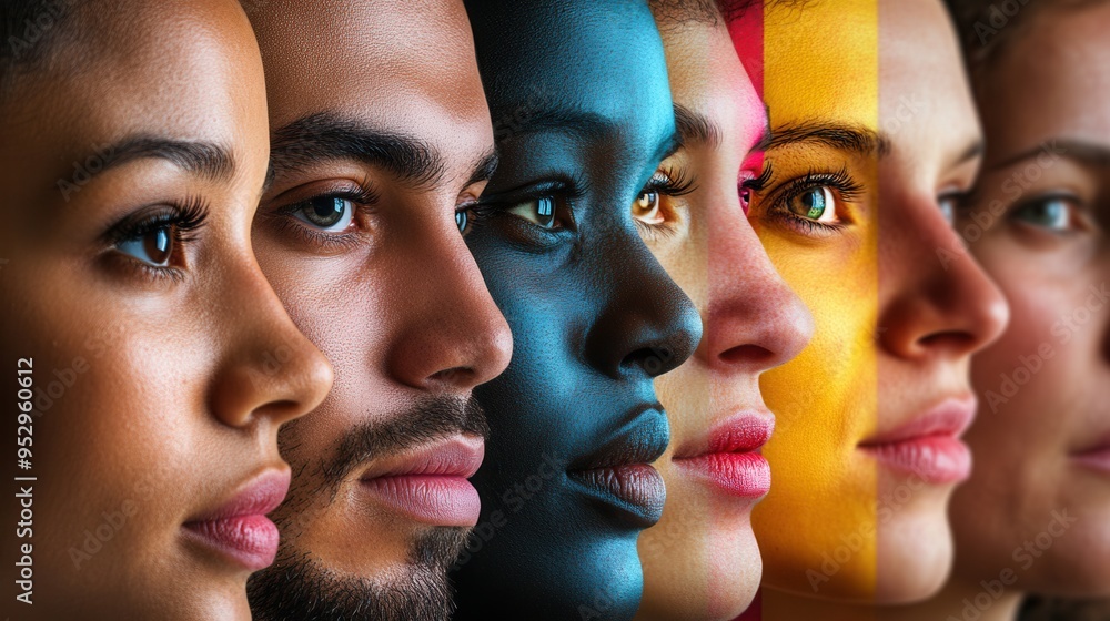 Leinwandbilder a lineup of diverse faces separated by a barrier showcases contrast and emphasizes the themes of div