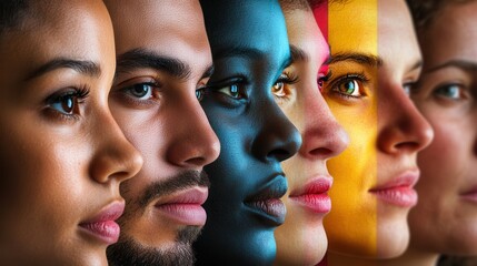 A lineup of diverse faces separated by a barrier showcases contrast and emphasizes the themes of division and bias in society. Generative AI