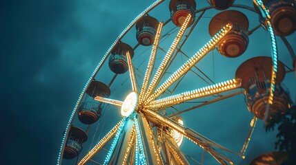 Close-up of a Ferris wheel in motion, illuminated against the dark night sky