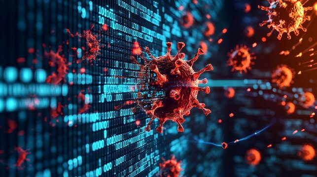 A visual representation of a virus causing a data breach, with digital locks being broken and streams of binary code flowing out
