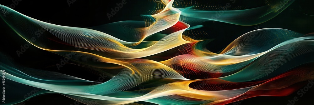 Poster abstract lines intertwine to form a unique silhouette of a christmas tree, showcasing vibrant colors