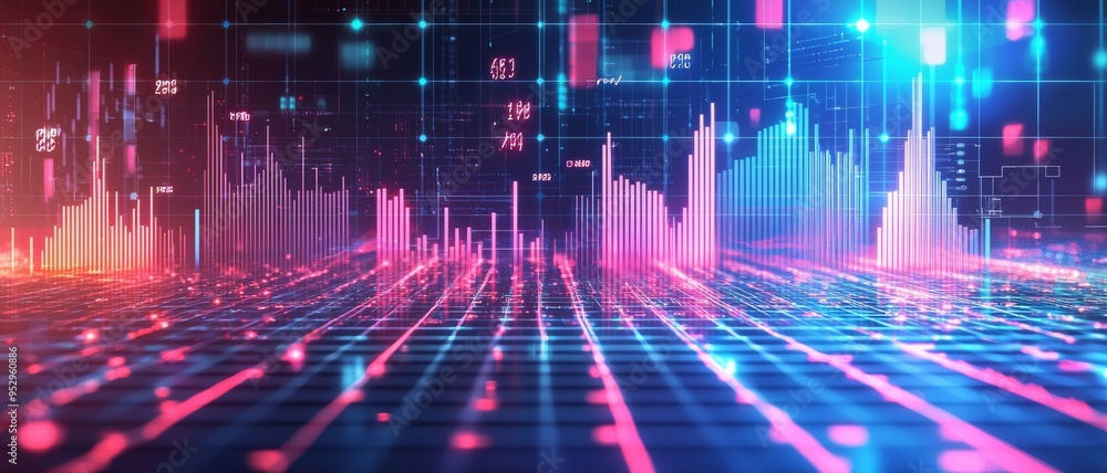 Poster abstract technology background with neon lights data and grid pattern
