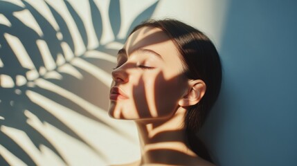 Woman s Face in Sunlight with Palm Leaf Shadow