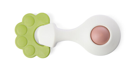 Colorful rattle isolated on white, top view. Baby accessory
