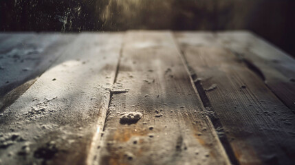 An old wooden table covered in dust showcases its vintage charm, ancient furniture surface and texture, hygiene in a dirty home