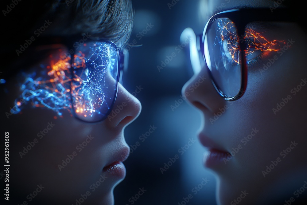 Poster close up of two faces with digital neural patterns reflecting in glasses symbolizing cognitive refle