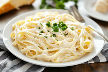 Plate of creamy fettuccine Alfredo with a garnish of parsley