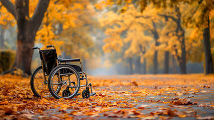 Nobody in empty wheelchair sits in an autumn park, symbolizing a journey of recovery and motivation in nature, reflecting the hope and improvement in mobility for those with disabilities