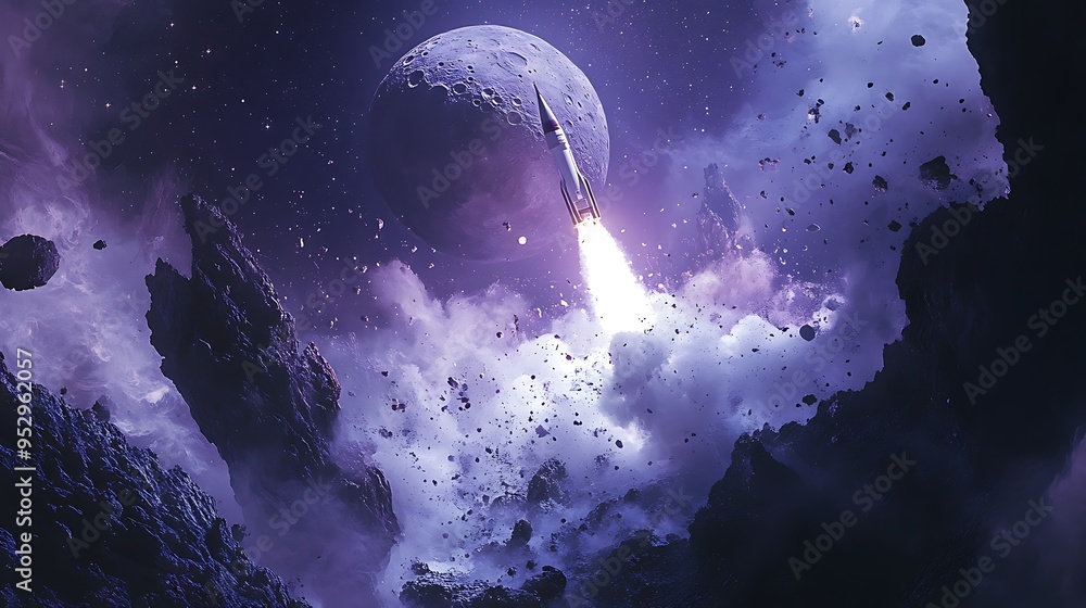 Poster rocket launching through asteroid field with a moon in the background