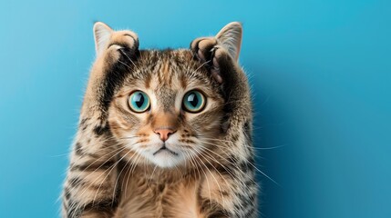 A surprised cat with big blue eyes against a blue background, showcasing its playful expression.