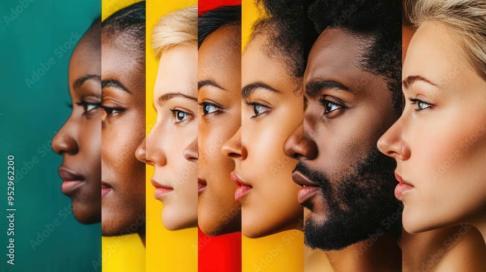 Poster brightly colored faces highlight diversity and the barriers created by bias, emphasizing individual 