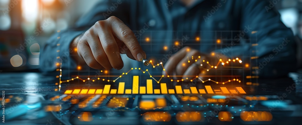 Poster person's hand interacting with data visualizations on a tablet, showing a graph.