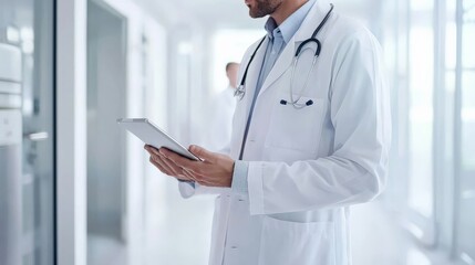 A doctor in a white coat reviewing medical records on a tablet, clean and bright environment