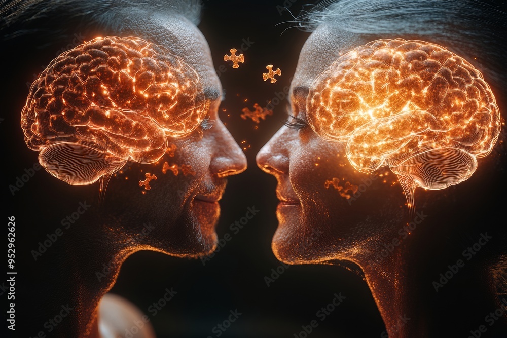 Poster romantic couple with illuminated brain patterns symbolizing deep emotional connection cognitive harm