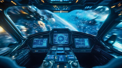Spaceship cabin interior with window view of universe, spacecraft cockpit for future space travel, station control panel inside shuttle for galaxy exploration