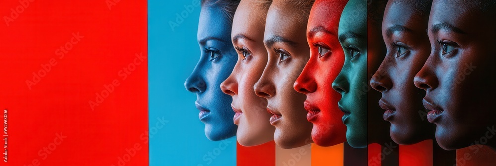 Poster a lineup of diverse faces demonstrates the contrast between colorful barriers, highlighting differen
