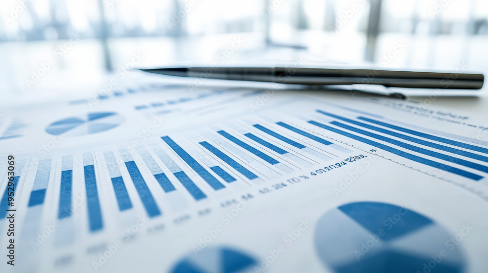 Poster a pen rests on financial documents displaying various blue graphs and charts, indicating data analys