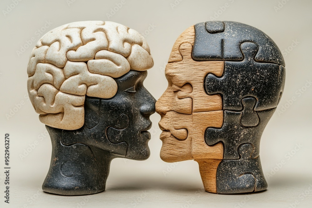 Poster wooden and stone puzzle brain sculptures representing the intersection of cognitive challenges probl