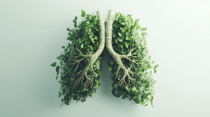 Lungs formed by lush green foliage and branches, symbolizing the connection between nature and human health and the importance of protecting the environment.