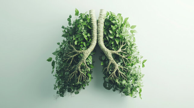 Lungs formed by lush green foliage and branches, symbolizing the connection between nature and human health and the importance of protecting the environment.