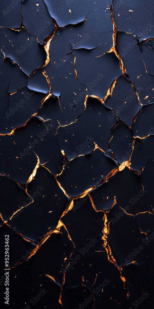 Aufkleber this striking image showcases a textured black surface with intricate golden cracks. the contrast hi