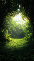 Obraz premium A serene pathway cuts through lush greenery, illuminated by soft sunlight. The tranquil atmosphere invites exploration, evoking a sense of wonder and harmony with nature.