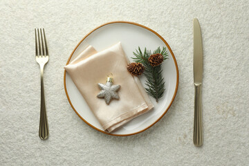 Christmas table setting with festive decor, flat lay