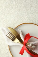 Christmas table setting with festive decor, top view